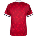 Costas da Camisa reserva dos Emirados Árabes Unidos 2026/2027 Adidas masculina vermelha com detalhes geométricos e logotipo Adidas Trefoil clássico.