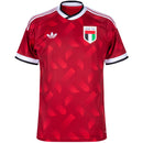 Camisa reserva dos Emirados Árabes Unidos 2026/2027 Adidas masculina vermelha com detalhes geométricos e logotipo Adidas Trefoil clássico.