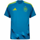 Camisa oficial de goleiro da seleção da Espanha 2026/27, cor azul ciano com padrões geométricos modernos.