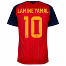 Camisa de futebol da seleção da Espanha titular vermelha com detalhes em azul e amarelo, com a personalização do jogador lamine yamal 10 temporada 2026/2027.