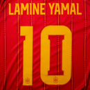 Camisa de futebol da seleção da Espanha titular vermelha com detalhes em azul e amarelo, com a personalização do jogador lamine yamal 10 temporada 2026/2027.