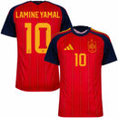 Camisa de futebol da seleção da Espanha titular vermelha com detalhes em azul e amarelo, com a personalização do jogador lamine yamal 10 temporada 2026/2027.