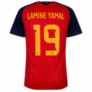 Camisa de futebol da seleção da Espanha titular vermelha com detalhes em azul e amarelo, com a personalização do jogador lamine yamal 19 temporada 2026/2027.