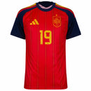 Camisa de futebol da seleção da Espanha titular vermelha com detalhes em azul e amarelo, com a personalização do jogador lamine yamal 19 temporada 2026/2027.