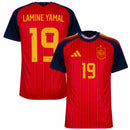 Camisa de futebol da seleção da Espanha titular vermelha com detalhes em azul e amarelo, com a personalização do jogador lamine yamal 19 temporada 2026/2027.