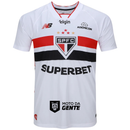 Camisa de torcedor branca do São Paulo 2026/2027, exibindo as listras tricolores no peito, escudo bordado e logos dos patrocinadores Elgin, Ademicon e Superbet.